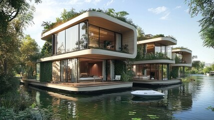 Obraz premium Eco-Friendly Oasis: Contemporary Floating Home Community on the Water