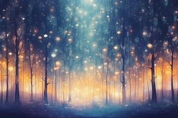 Fototapeta premium Magical Christmas watercolor forest with shining lights. Fairytale abstract illustration style. Holiday celebration concept.