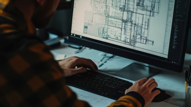 Man Working on a Computer at a Desk with Architectural Drawings