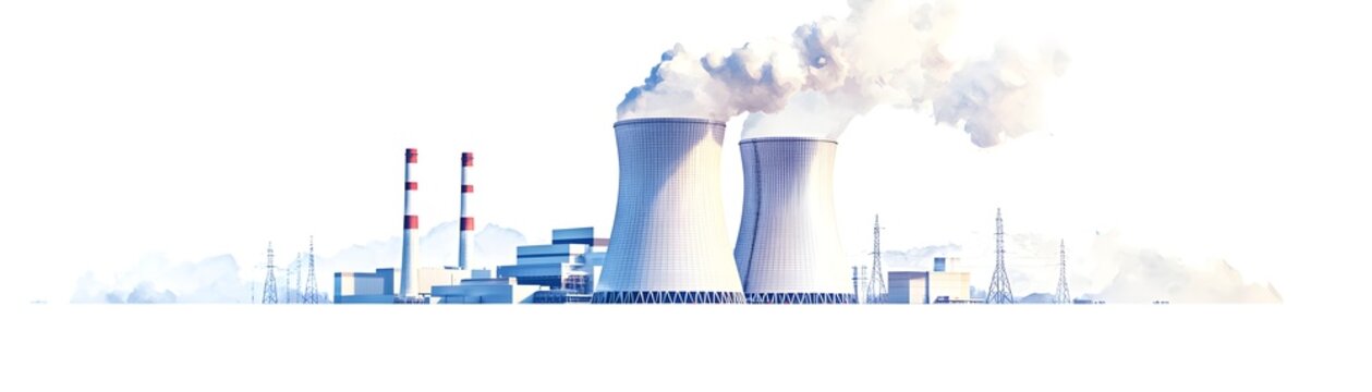 High-resolution 3D nuclear power plant with a focus on the reactor and auxiliary buildings, set against a stark white background