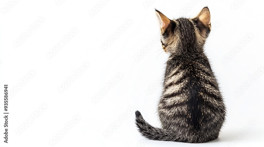 Poster rear view of funny tabby cat kitten isolated on white : generative ai