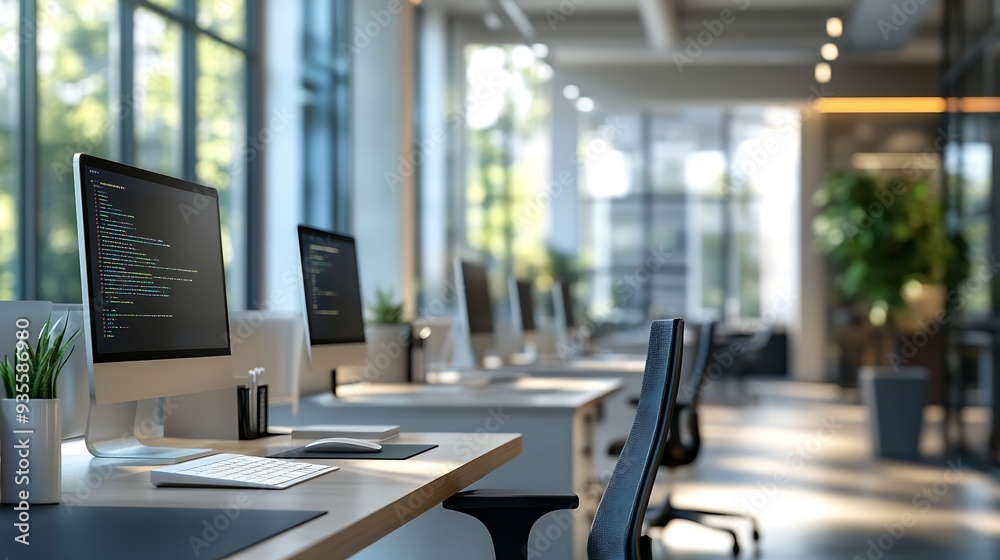 Poster Blur background of modern office environment with multiple workstations and large windows Corporate interior photography Professional workplace concept Design for corporate workplace S : Generative AI