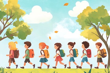 Group of school backpacks with backpacks walking, back to school concept.