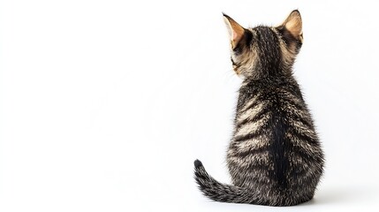 rear view of funny tabby cat kitten isolated on white : Generative AI
