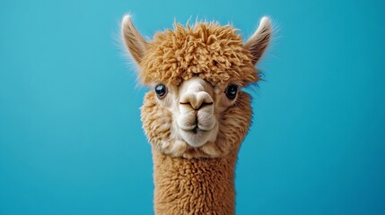 Funny angrylooking alpaca on blue background : Generative AI