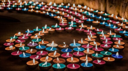 Obraz premium Vibrant Diwali Diya Lamps in Circular Pattern on Dark Background