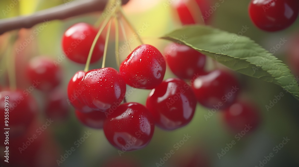 Poster red cherries are small juicy fruits with a vibrant red hue bursting with sweet flavor theyre a summe
