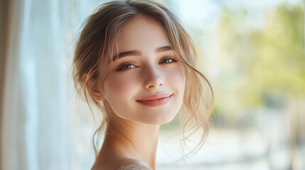 Fototapeta premium Beautiful girl in a dress on one shoulder Young fashionable woman with a lovely smile Stylish and slim model fashion and cosmetics : Generative AI