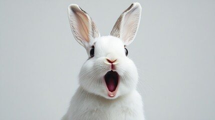 Obraz premium Studio portrait of white rabbit with mouth open against a white backdrop : Generative AI