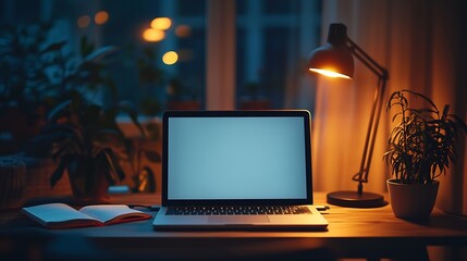 Remote work at home office online education study freelance internet connection wireless technology Vertical shot of modern laptop with blank display on desk Table lamp and open book f : Generative AI