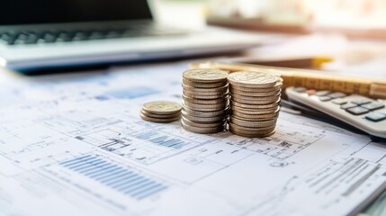 Stacks of Coins on Architectural Blueprint