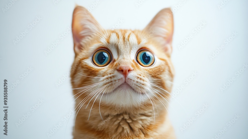 Poster portrait of a surprised cat scottish straight closeup isolated on white background : generative ai
