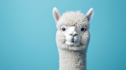 Fototapeta premium White alpaca on blue background : Generative AI