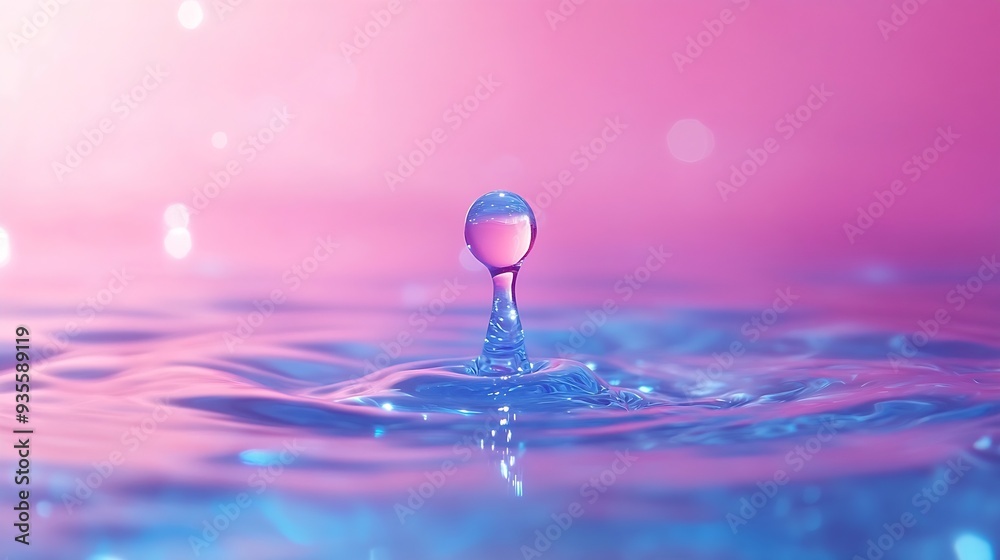Aufkleber Beautiful clean transparent bright drop of water on smooth surface in blue and pink colors macro Creative image of beauty of environment and nature : Generative AI