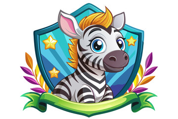 Cartoon Zebra with Blue Shield, Stars, and Leaves