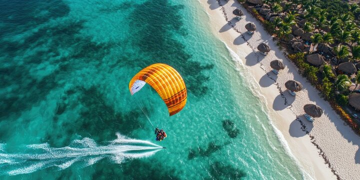 Parasail towed over clear turquoise water.