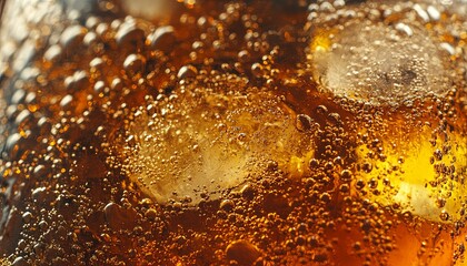 Macro shot of a chilled carbonated drink with ice cubes, capturing the effervescent bubbles and rich amber tones. Ideal for summer menus and ads.