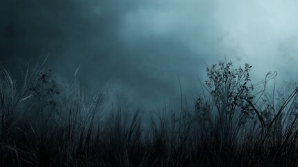 Dark Misty Landscape with Silhouetted Grass in the Foreground

