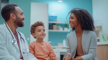 Obraz premium Parents are engaged in a conversation with a doctor about the health of their child in a welcoming clinic environment