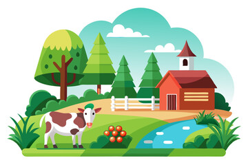A Cartoon Illustration of a Farm with a Cow, Red Barn, and a Stream