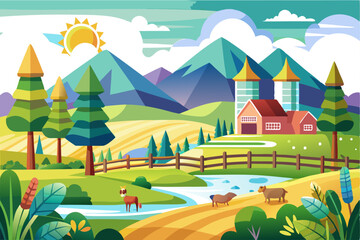 Fototapeta premium Pastoral Farm Scene with Mountains, Animals, and a Winding River