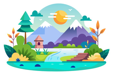 Obraz premium Mountainous Landscape with River, Sun, and Small Structures