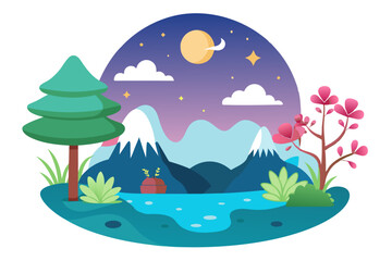 Nighttime Landscape with Mountains, Trees, and a Lake