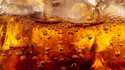 Close-up of a carbonated beverage with ice cubes, showcasing the effervescent bubbles and warm amber tones. Ideal for drink-related ads and promotional visuals.