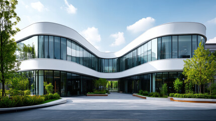 A contemporary university building featuring curved glass architecture and lush greenery, representing innovation, education, and modern design.