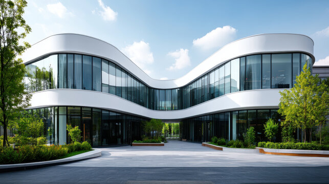 A contemporary university building featuring curved glass architecture and lush greenery, representing innovation, education, and modern design.