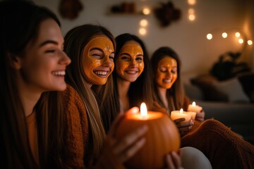 Fototapeta premium Four women with facial masks holding candles, cozy home atmosphe