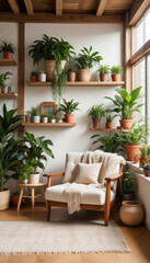 Light and cozy interior with an armchair surrounded by many pots with indoor plants