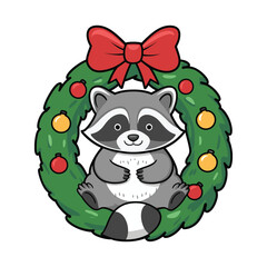 Christmas Raccoon in Holiday Wreath