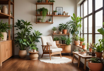Light and cozy interior with an armchair surrounded by many pots with indoor plants
