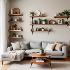 Cozy interior of a bright living room with a sofa and lots of green indoor plants around