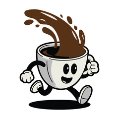 Running Coffee Cup Character with Splashing Coffee Illustration