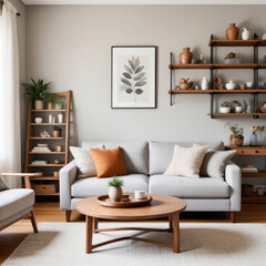Cozy interior of a bright living room with a sofa and lots of green indoor plants around