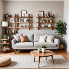 Fototapeta premium Cozy interior of a bright living room with a sofa and lots of green indoor plants around