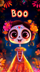 Mexican folklore character La Calavera Catrina surrounded by flowers on a black background. Bright festive digital illustration for the Day of the Dead.