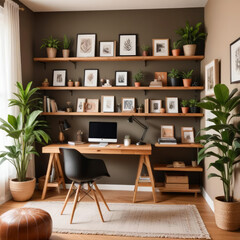 Interior of home workspace with computer and shelves with lots of indoor green plants