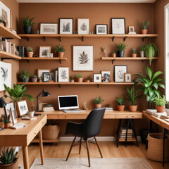 Interior of home workspace with computer and shelves with lots of indoor green plants