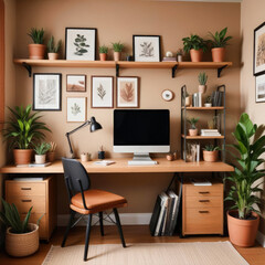 Interior of home workspace with computer and shelves with lots of indoor green plants