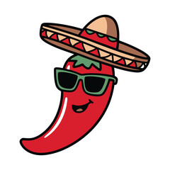 chili pepper with sombrero and sunglasses cartoon
