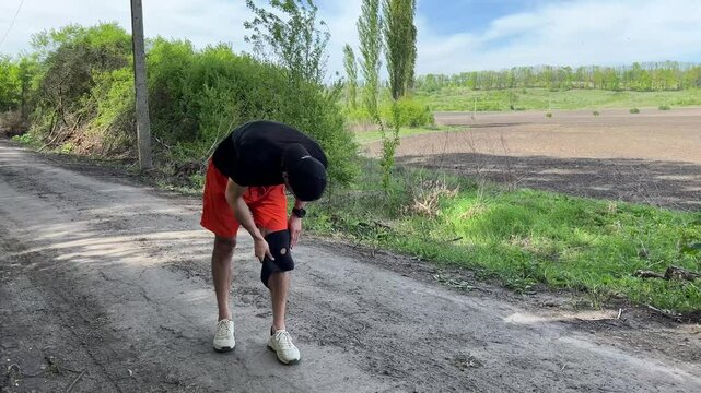 Young sportsman putting on a knee support brace while training on a countryside road, promoting injury prevention and protection