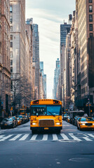 A yellow school bus drives down a city street