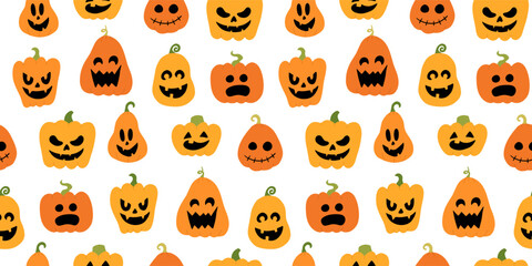 Seamless pattern for Halloween holiday with cute pumpkin jack o lantern. Childish background for fabric, wrapping paper, textile, wallpaper and apparel. Vector Illustration