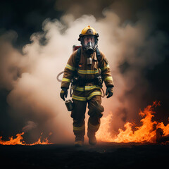 Obraz premium Male firefighter wearing helmet and carrying fire hose walks between flashes of fire and puts out it