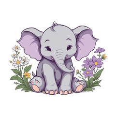 Adorable Baby Elephant Surrounded by Flowers