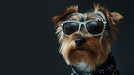 Yorkshire Terrier in fashionable sunglasses adorned with rhinestones, creating a stylish and elegant look
