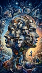 a person with multiple faces, representing different identities, in a surreal dreamscape